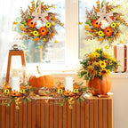 4 Pcs Mini Fall Autumn Swags Wreaths Thanksgiving Artificial Daisy Candle Rings Wreaths Autumn Cabinets Farmhouse Wreath with Ribbon for Pillar Front Door Porch Wall Window Decoration