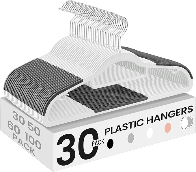 SONGMICS Pack of 30 Coat Hangers, Space-Saving Plastic Clothes Hangers, Non-Slip, 0.2 Inches Slim, 16.5 Inches Wide, 360° Swivel Silver Hook, White and Dark Gray UCRP20WG30