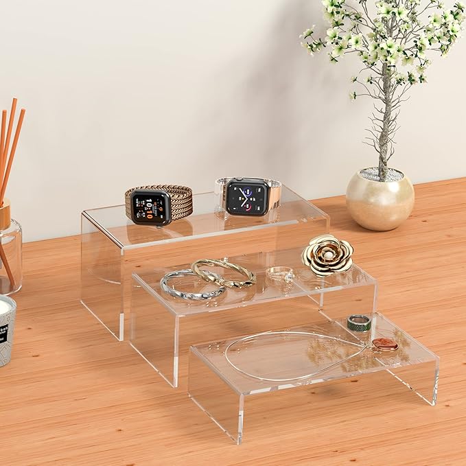 Sezanrpt Clear Riser Shelf 3pcs, Desktop Rectangular Acrylic Display Shelves Organizer, Acrylic Stands for Funko Pop Figure, Perfumes, Bags, Shoes, Glasses, Plants, Toys, Collectibles - 8''x8.5''x9''