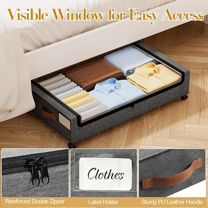 Yecaye Under Bed Storage with Wheels, 4 Pack Under the Bed Storage Containers with Lids & Label, XXL 60L Rolling Underbed Storage Drawers for Clothes, Blankets, Shoes, Hemp Gray