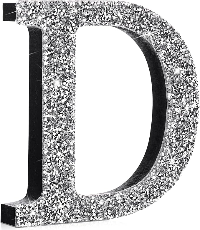 Qunclay 12'' Silver Crystal Diamond Bling Letters Crushed Diamond Decoration Wooden Glitter Letter with Screw and Hooks Rhinestone Gift for Wedding Y2k Mcbling Bedroom Wall Decor (Letter D)