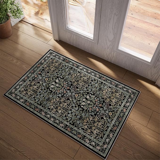 Floral Entryway Rug, 2x3 Kitchen Rugs Non Slip Washable Traditional Design Vintage Floral, Soft Door Mat Indoor Entrance, Ultra-Thin Easy Clean Small Throw Carpet for Bedroom Bathroom