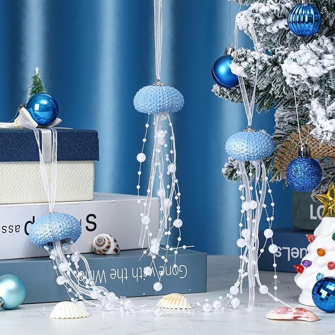 Namalu 6 Pcs Sea Urchin Jellyfish Christmas Ornament Coastal Beaded Beach Theme Holiday Decor Ocean Inspired Hanging Jellyfish Decoration with Crystal and Ribbon (Pearl Blue)