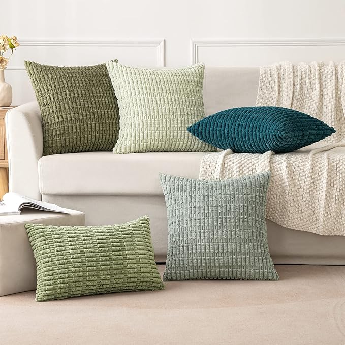 MIULEE Pack of 2 Corduroy Decorative Lumbar Throw Pillow Covers 20x12 Inch Soft Boho Striped Pillow Covers Modern Farmhouse Home Decor for Summer Coastal Sofa Living Room Couch Bed Teal
