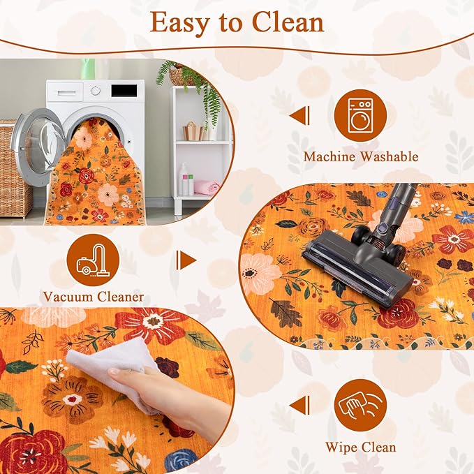 U'Artlines 2'x6' Fall Boho Runner Rug for Hallways Kitchen Colorful Floral Soft Non Slip Washable Floor Carpet Runners for Entryway Laundry Room Bathroom Orange