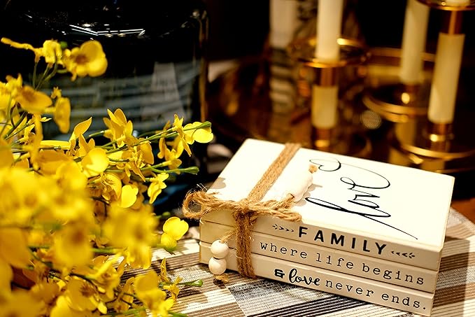 LIVDUCOT Wooden Decorative Books Stack for Coffee Table Faux Book Stack for Decoration Love Family Where Life Begins Modern Farmhouse Decor White Book Decor for Shelf 7X 5.5X 2.5'