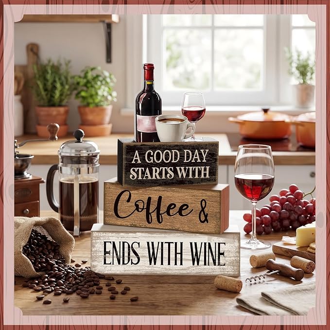 Lineshading 4 Pcs Farmhouse Kitchen Decor Wooden Stacked Block Sign with Wine Bottle, Coffee Cup & Glass Sculpture a Good Day Starts with Coffee Ends with Wine Sign for Home & Bar Housewarming Gift