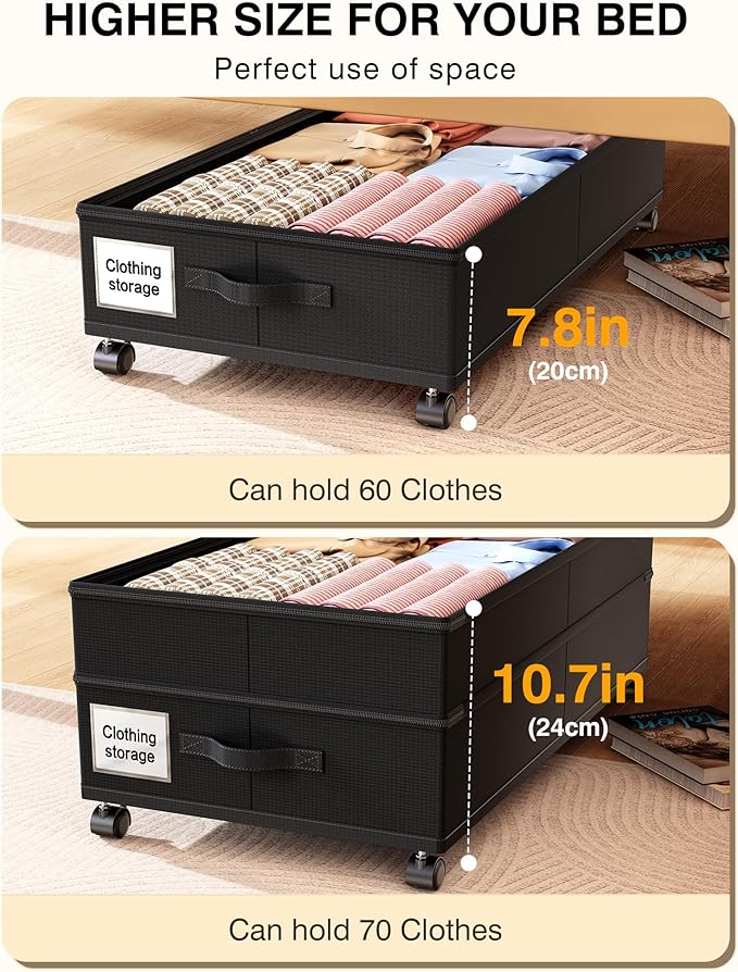 Under Bed Storage with Wheels,1Pack Underbed Shoe Storage Organizer,7.5-10.6 inchTall Adjustable Storage for Underbed with Lids,65L Extra large capacity for Clothes, Blankets,Shoes