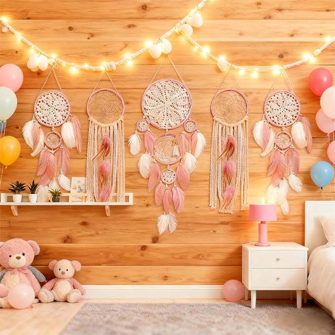 5 Pack Moon Phase Dreamcatcher Set Boho Wall Decor, Boho Macrame Wall Hanging Dream Catchers, for Home, Bedroom, Living Room, Witchy Gifts (Pink)