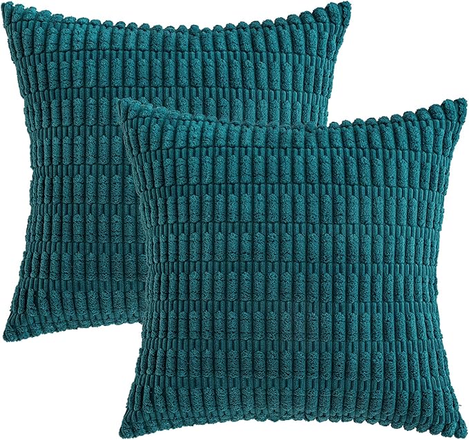 MIULEE Pack of 2 Corduroy Decorative Euro Sham Throw Pillow Covers 24x24 Inch Soft Boho Striped Pillow Covers Modern Farmhouse Home Decor for Summer Coastal Sofa Living Room Couch Bed Teal
