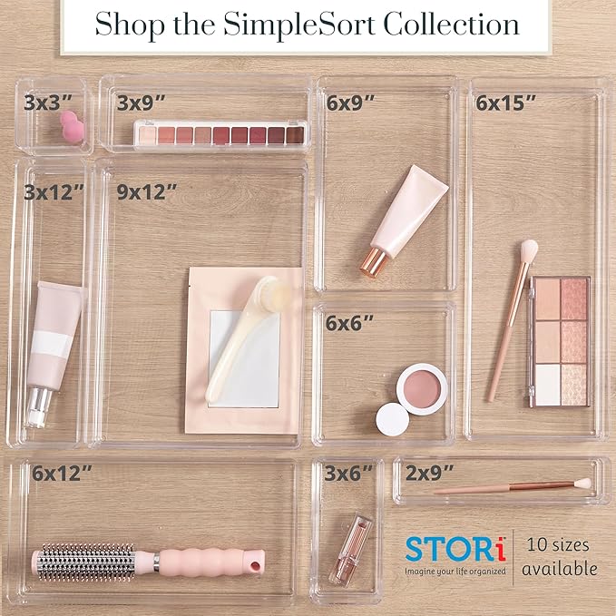 STORi SimpleSort 2-Piece Stackable Clear Drawer Organizer Set | 15" x 6" x 2" Rectangle Trays | Wide Makeup Vanity Storage Bins and Office Desk Drawer Dividers | Made in USA