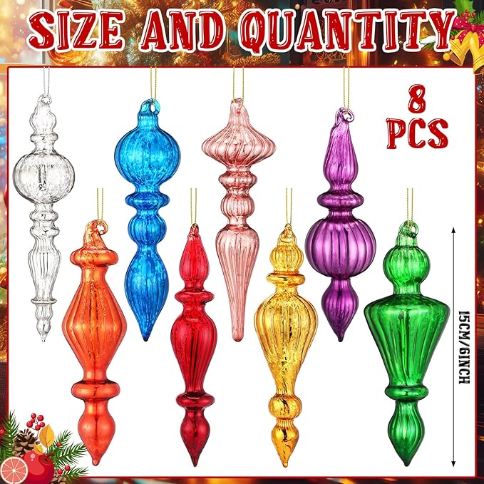 Mifoci 8 Pcs 6 Inch Mercury Glass Finial Christmas Ornaments Hanging Christmas Finials Glass Ornaments Assorted Mercury Decor for Vintage Holiday Xmas Tree Decoration(Mixed Color)