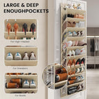 20-25 Pairs Over the Door Shoe Organizer, Clear Pockets Shoe Rack for Closet Door, 10-Tier Hanging Shoe Rack for Boots, Behind the Door Shoe Holder Fit All the Family's Sneakers, Boots, Heels, Beige