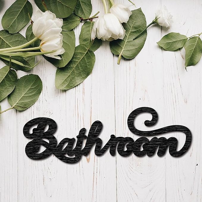 CREATCABIN Word Cutout Sign Bathroom Laser Cut Wood Letter Sign Wall Decor Unfinished Wooden Signs Wall Art Basswood Hanging Sculpture Decor for Crafts DIY Farmhouse Door Black 11.8x3.9Inch