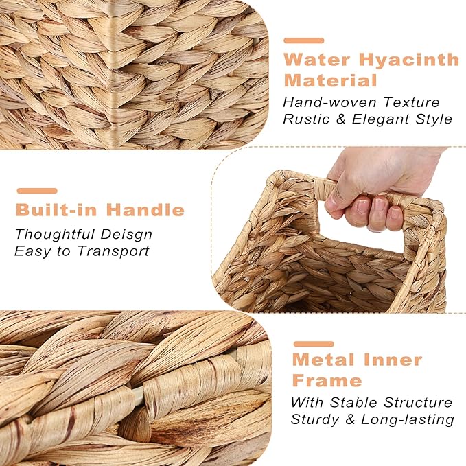 BTSKY Woven Magazine Holder, Water Hyacinth Magazine Basket, Natural Storage Basket Bin for Books & Files, Bathroom Magazine Rack with Built-in-Handle for Home, Office & Desk - 17x6.5x9.8 Inch