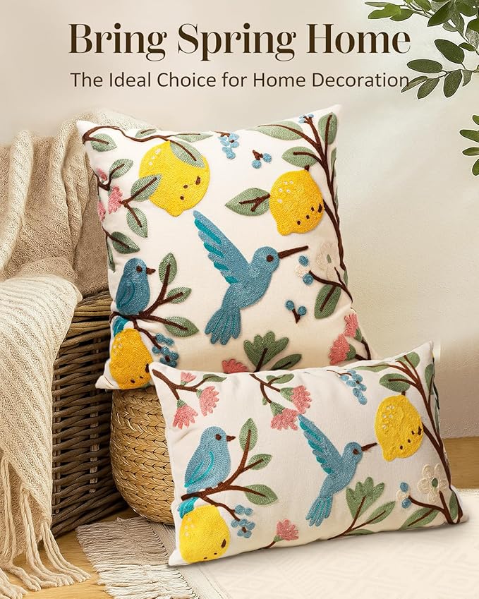 Embroidered Lumbar Pillow Cover 20x12 Inch - Spring Summer Boho Decorative Pillow Cover with Zipper for Living Room Couch Sofa Bed Aesthetic Design Bird Lemon Cushion Pillowcase