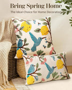 Embroidered Throw Pillow Cover 20x20 Inch - Spring Summer Boho Decorative Pillow Cover with Zipper for Living Room Couch Sofa Bed Aesthetic Design Bird Lemon Cushion Pillowcase
