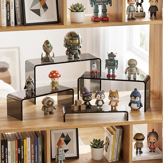 FUNFERY Acrylic Display Risers, 2 Set(7.8" L~8.2" L~8.6" L~9”L) Display Shelf for Figure, Collectibles, Cupcake, Black Acrylic Stands for Dessert, Jewelry, Candy Showcase, 4 Tier Action Figure Stand