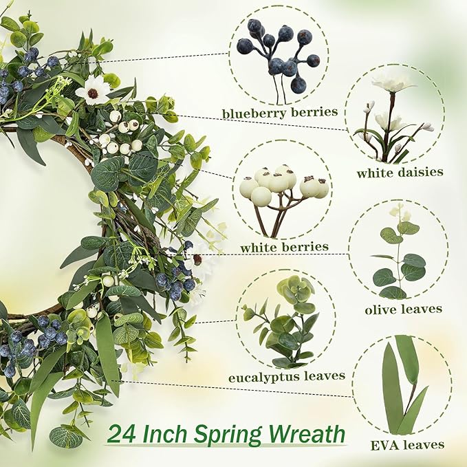 LZNPA 24 Inch Spring Summer Wreaths for Front Door Eucalyptus Wreath with Blue Berries Elegant Durable Greenery Front Door Wreath for Outside Wedding Farmhouse Porch Wall Room Home Decor