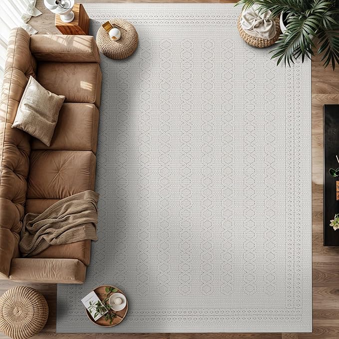 Micro Loop Indoor Rug White 5x7 Boho Geometric Neutral Area Rugs for Living Room Soft Luxury Modern Low and High Pile Durable Stain Resistant Non-Shedding Indoor Area Carpet 5 x 7