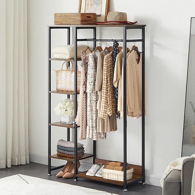 VECELO Open Garment Clothing Rack, Free-Standing Heavy Duty Storage Closet with 5 Shelves and Hanging Rod for Small Spaces, Max Load 350LBS, Brown