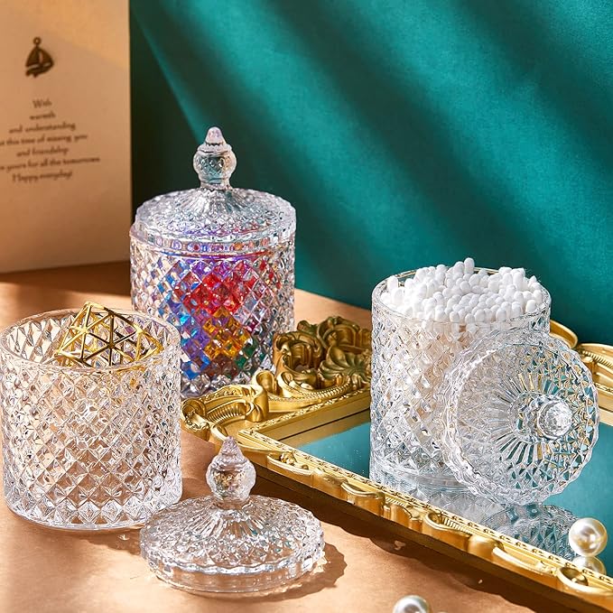 Aoriher 4 Pcs Crystal Glass Candy Jar Set with Lids Home Decorative Storage Jars for Apothecary, Bathroom, Kitchen, and Pantry, Ideal for Cotton Swabs and Jewelry(Medium,Clear)