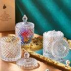 Aoriher 4 Pcs Crystal Glass Candy Jar Set with Lids Home Decorative Storage Jars for Apothecary, Bathroom, Kitchen, and Pantry, Ideal for Cotton Swabs and Jewelry(Medium,Clear)