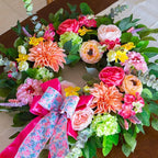 Spring Wreaths for Front Door 24 Inch Outdoor Spring Wreath with Pink Bow– Handmade Peach Dahlia & Garden Rose Summer Wreaths for Front Door,Farmhouse Home,Porch,Wall,Window Decor