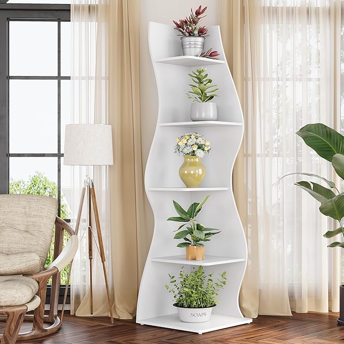 LITTLE TREE 70-Inch Corner Shelf, Seaweed Shaped Etagere Display Bookshelf, Freestanding 5-Tier Wall Shelves for Small Spaces, Living Room, Bedroom, White, 1 Pack