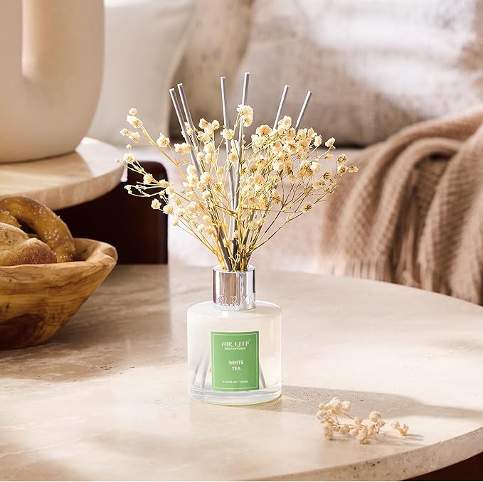 Airkeep Reed Diffuser Set,3.38 fl oz (100 ml) - White Tea Oil Diffusers with 8 Reed Sticks, Home Fragrance Reed Diffuser for Bathroom Shelf Decor