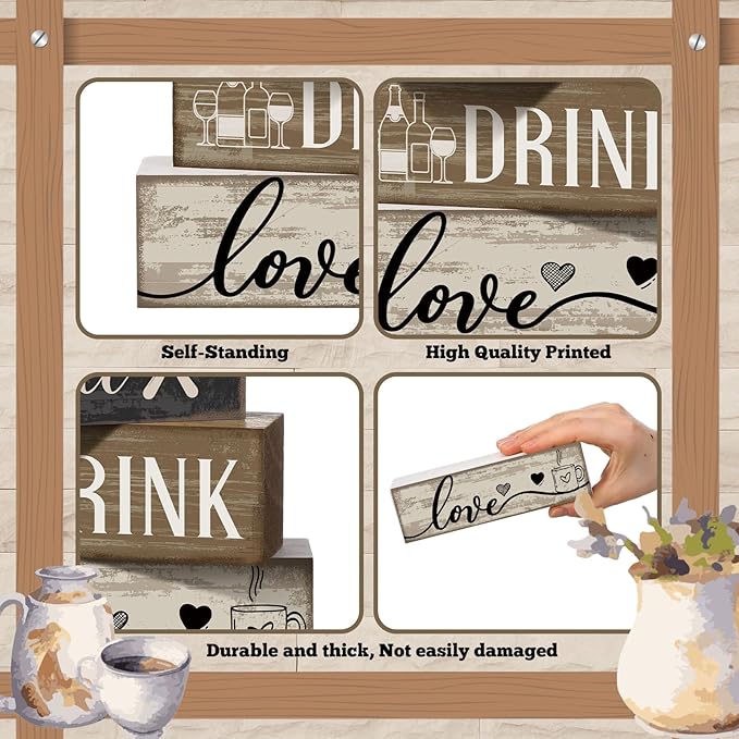 Moucuny 4 Pcs Farmhouse Kitchen Decor Wooden Plate Farmhouse Table Decor Black Brown and White Plate Tableware Centerpiece Rustic Decorative Plates Block Sign for Display Cabinet Kitchen Decoration