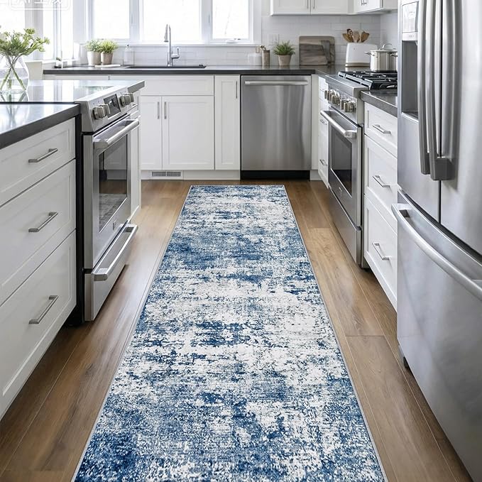 Washable Area Rug 3x14 Entryway Rug: Washable Modern Abstract Soft Thin Rug Indoor Floor No Slip Stain Resistant Carpet for Bedroom Dining Room Farmhouse Nursery Home Office - Blue