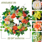Spring Wreaths for Front Door Outside 24 Inch Luxury Summer Wreath with White Rose Flowers,Pink Dahlia & Green Hydrangeas,Lush Greenery Spring Front Door Wreath for Home,Wall,Porch Decor