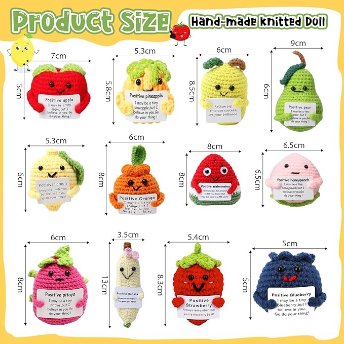 HunnmingRe 12 Pcs Cute Crochet Doll with Positive Card Soft Wool Animals Creative Knitting Dolls for Positive Support Inspirational Birthday Encouragement Gift(Fruit Style)