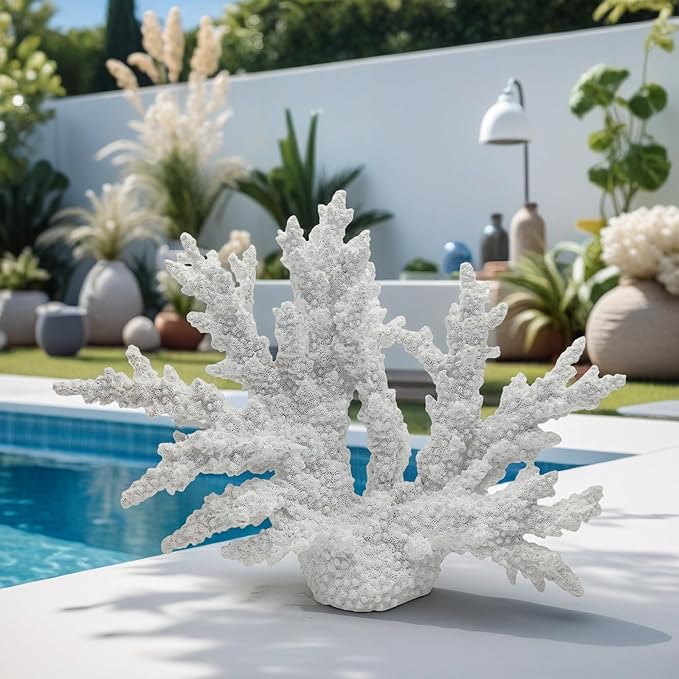 Etlemonde White Coastal Beach Coral Reef Decor Resin Statue - Faux Sea Coral Reef for Bathroom Shelf, Coffee Table, Nautical Beach House Home Decor Accent