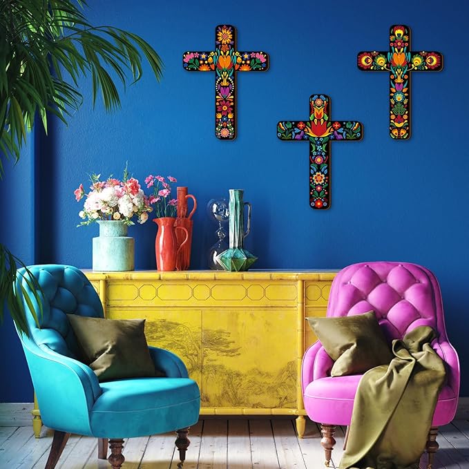 Soaoo 6 Pcs Floral Cross Wall Decor Mexican Home Decor Hand Painted Inspirational Wooden Cross The Ofrenda of The Dead Day Sugar Skull Wall Art Spanish Style Crucifix for Home Room Church Decoration