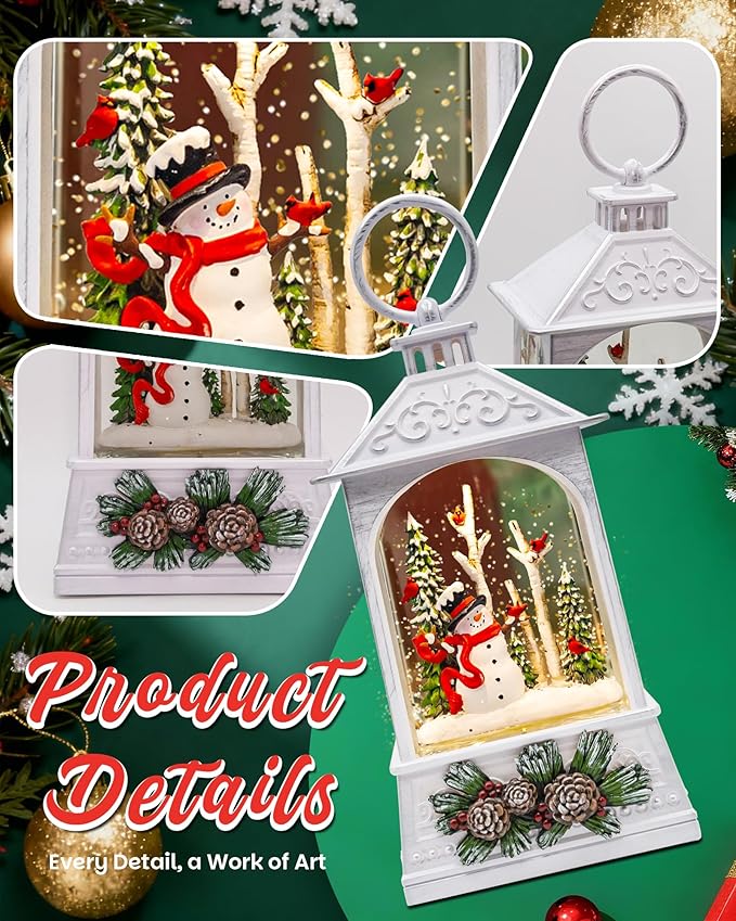 Christmas Snowman & Cardinal Snow Globe Light up Lantern with 8 Songs, 8" White Christmas Snow Globes for kids adults, 6H Timer & Dual Power Snowglobes Christmas Decorations Indoor Gifts for Women Men