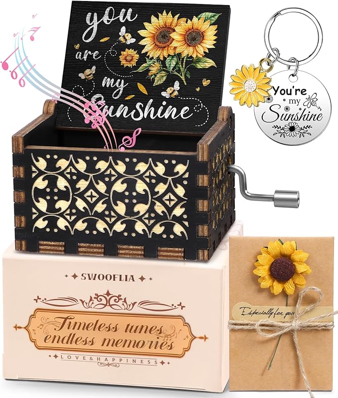 Swooflia You are My Sunshine Wooden Music Box for Mom with Sunflower Greeting Card - Hand Crank Engraved Musical Box Vintage Mechanism Personalized Gifts for Women On Birthday