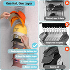 Hat Organizer for Baseball Caps 2Pack, Hat Rack for Wall with Strong Adhesive Hold up to 20 Hats, Hat Hanger Holder Display for Door Closet, Cap Organizer Storage Multilayer Two Mounting Option(Grey)