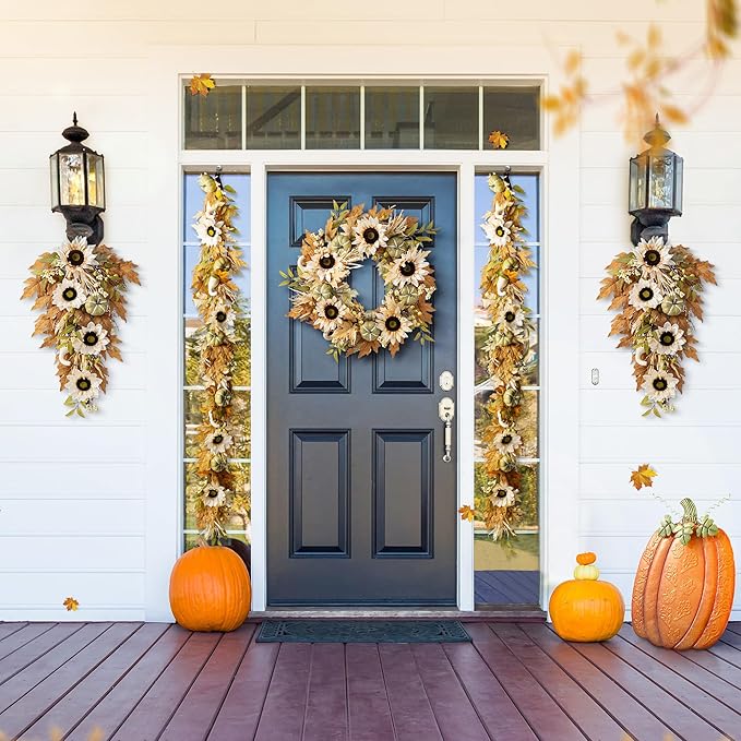 Glitzhome Fall Teardrop Swags for Front Door, 28''H Autumn Swag with Neutral Sunflower, Pumpkin and Leaf, Fall Swags for Front Door, Thanksgiving Harvest Festivals Decor