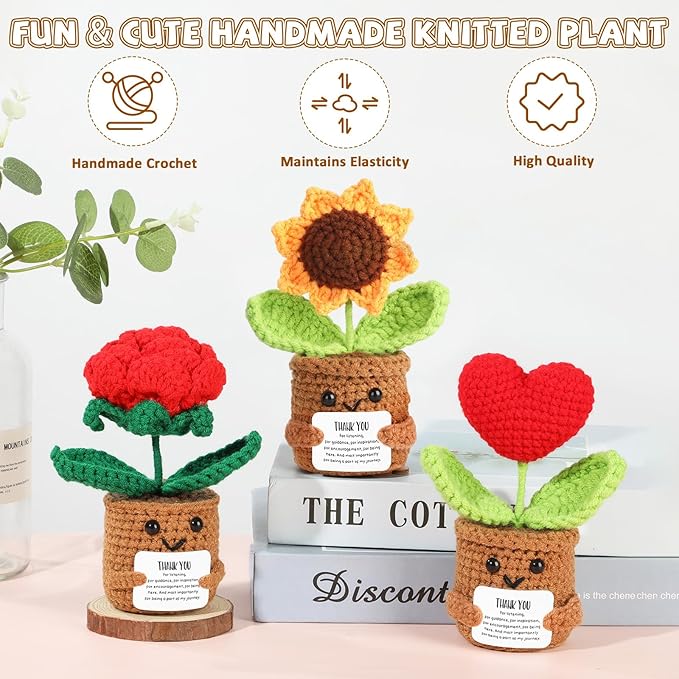 Thank You Gift Positive Crochet Flower Heart Plant Emotional Support Christmas Sunflower Inspirational Handmade Knitted Doll with Appreciation Card Motivational Present for Teacher Thanksgiving Home