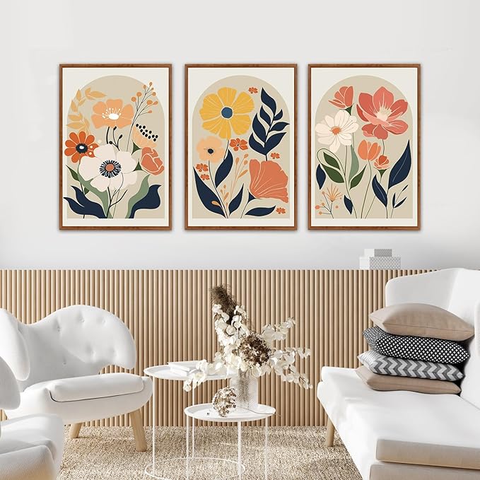 KAIRNE Boho Canvas Wall Art,Abstract Floral Wall Decor,Modern Minimalist Prints Set of 3(24”X36”),Botanical Wall Art Paintings,Bohemian Mid Century Artwork for Living Room Bedroom Office Decor,Framed
