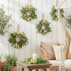 8 Pcs Green Eucalyptus Wreaths for Pillars Spring Summer Kitchen Cabinet Swag Wreaths Mini Green Berry Leaves Wreath with Ribbon for Front Door Porch Wall Window Farmhouse Decoration