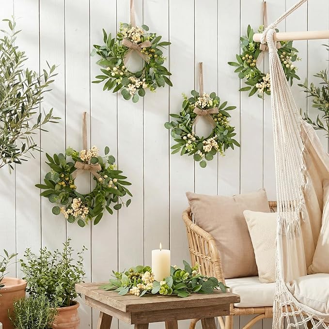 8 Pcs Green Eucalyptus Wreaths for Pillars Spring Summer Kitchen Cabinet Swag Wreaths Mini Green Berry Leaves Wreath with Ribbon for Front Door Porch Wall Window Farmhouse Decoration