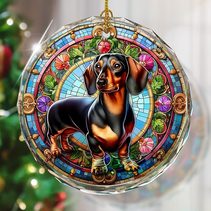 Dachshund Christmas Ornament - Stained Glass Dachshund for Tree, Gift Exchange
