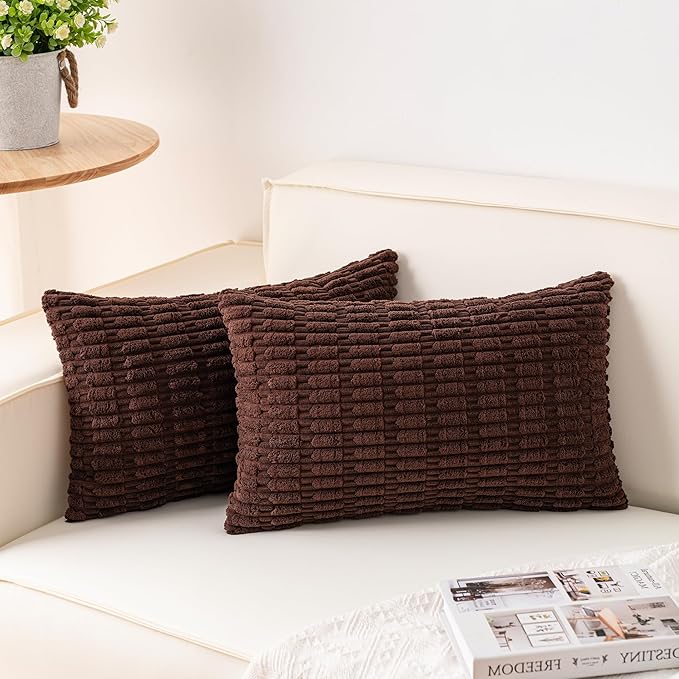 Aegero Pack of 2 Corduroy Decorative Throw Pillow Covers 12x24 Inch Soft Striped Pillow Covers Modern Farmhouse Home Decor for Sofa Living Room Couch Bed（Dark Brown）