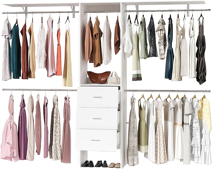 LINLUX 8FT Closet System 94'' Closet Organizer with 3 Drawers,4 Extendable Hanging Rods,Wood Closets Built In System Tower with Adjustable Shelves,Walk-in Closets Wardrobe Clothes Garment Rack(White)