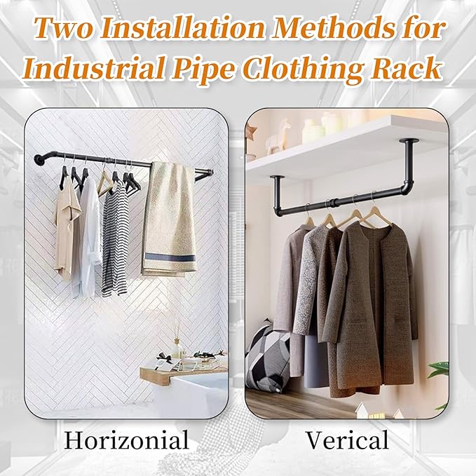 50 INCH Clothes Rack Wall Mounted, Industrial Pipe Garment Rack, Multi-Purpose Clothing Rod for Closet, Laundry Room, Retail Display, Black