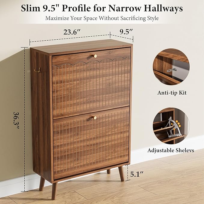Nicetree Shoe Cabinet Storage for Entryway, 9.45" Narrow Shoe Organizer with Architectural Arched Fluted Front, Slim Shoe Rack with Adjustable Shelves,Fits Size 12 Shoes,Timeless Walnut