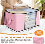 Fab totes 10 Pack Clothes Storage, Foldable Thick Fabric Blanket Storage Bags, Containers for Organizing Bedroom, Closet, Clothing, Comforter, Organization with Handle,Pink